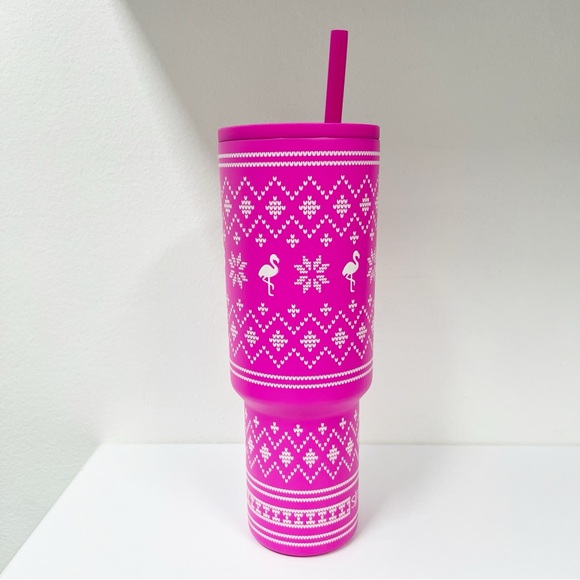 Simple Modern Pink Flamingo Fair Isle Trek 40 oz Handled Tumbler - Picture 3 of 5